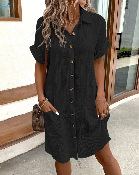 Vestido camisero de manga corta para mujer-lino/algodón-botones y bolsillos.