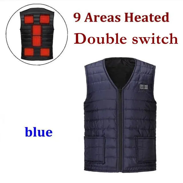 Chaleco calefactable USB con 9 zonas de calor, doble interruptor.