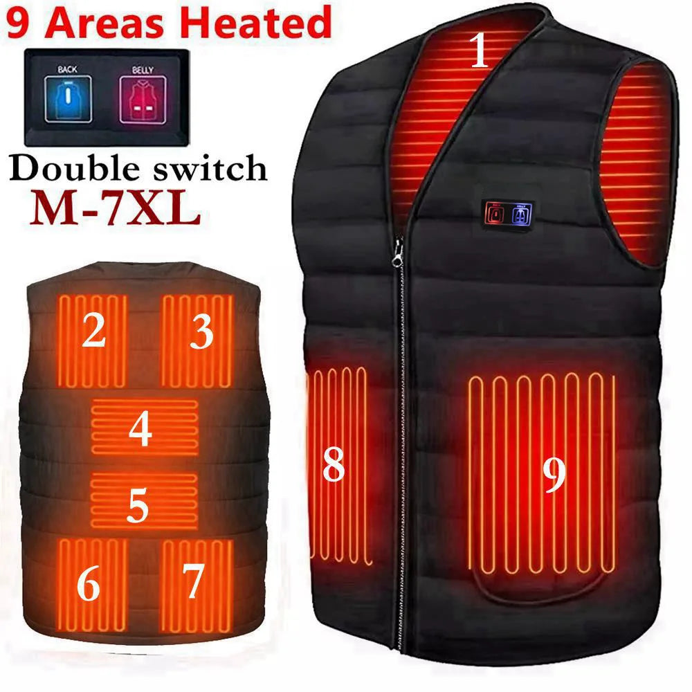 Chaleco calefactable USB con 9 zonas de calor, doble interruptor.