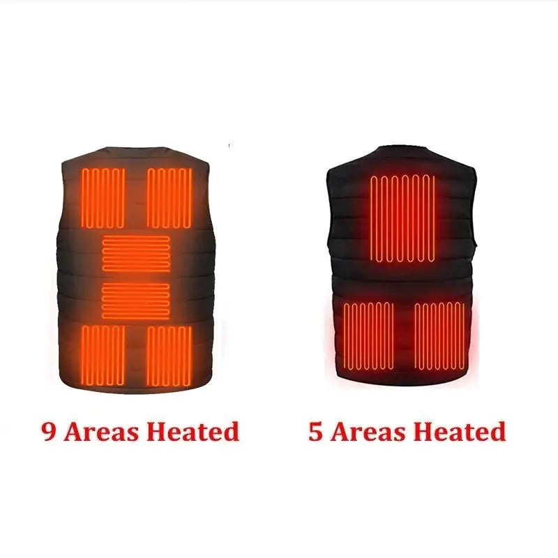 Chaleco calefactable USB con 9 zonas de calor, doble interruptor.