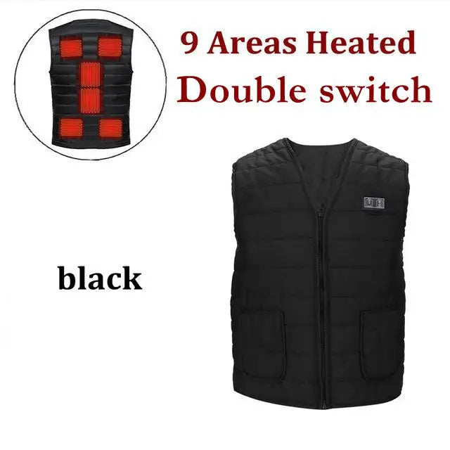 Chaleco calefactable USB con 9 zonas de calor, doble interruptor.
