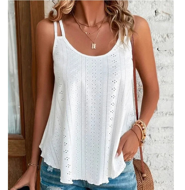 Top de verano estilo Boho con bordado hueco, cómodo y versátil.