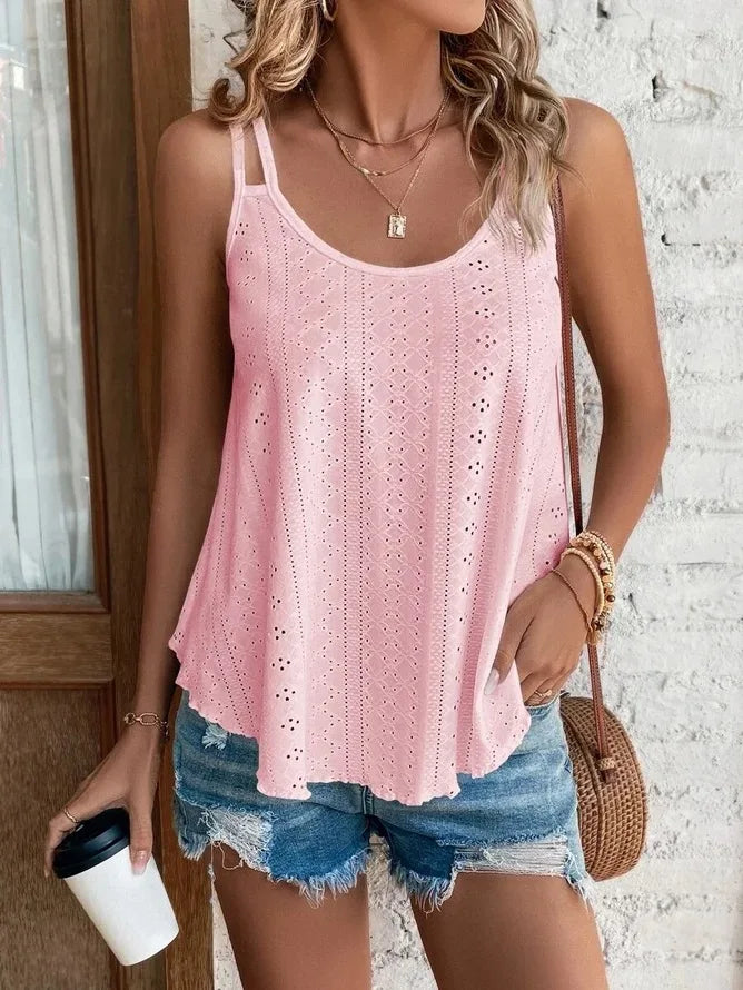 Top de verano estilo Boho con bordado hueco, cómodo y versátil.