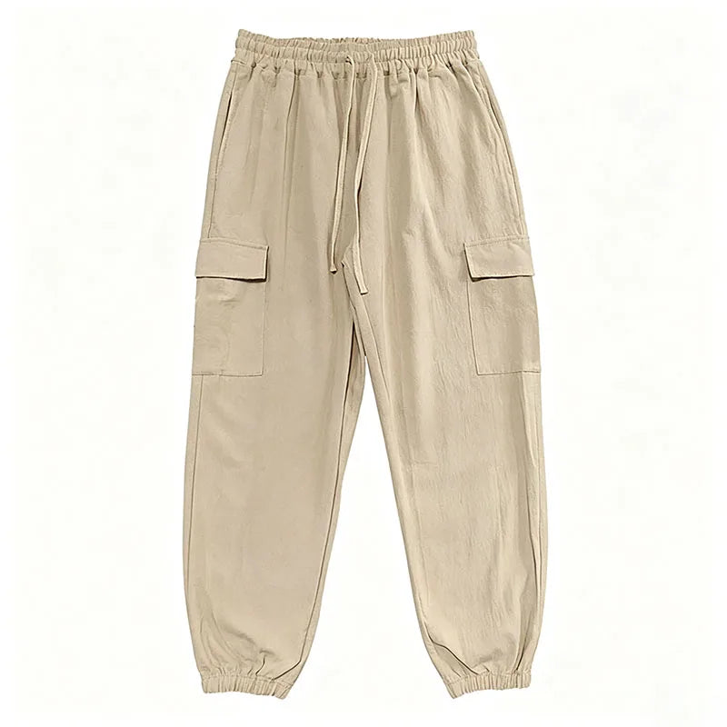 Pantalón Jogger cargo de algodón y lino con cintura elástica y múltiples bolsillos.