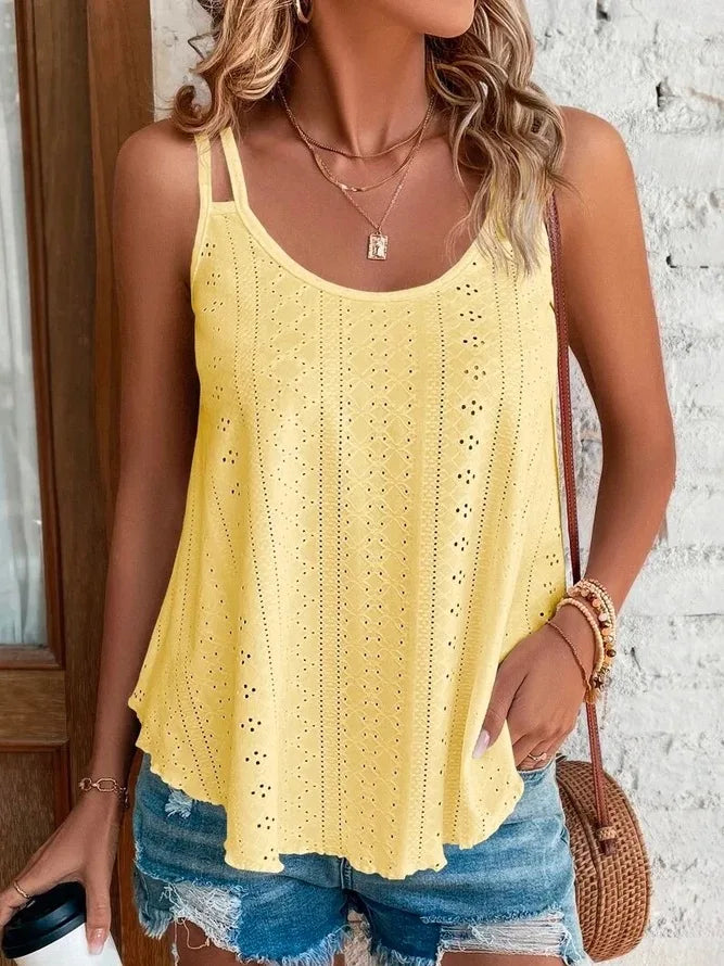Top de verano estilo Boho con bordado hueco, cómodo y versátil.