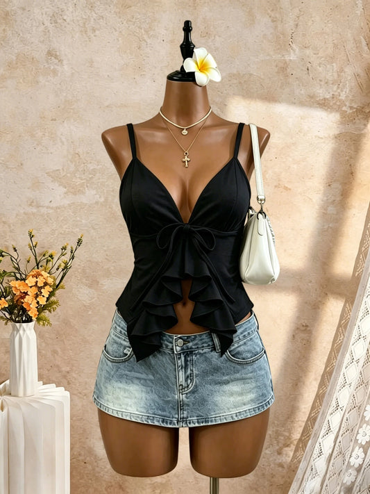 Sensual Top Corset con Lazo y Volantes para Mujer.