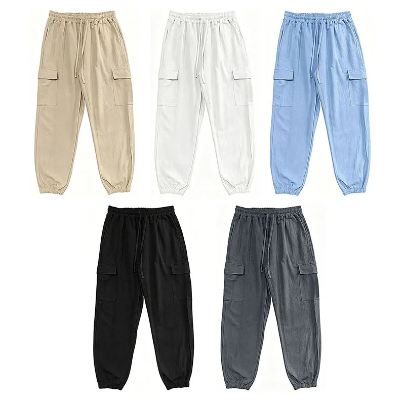 Pantalón Jogger cargo de algodón y lino con cintura elástica y múltiples bolsillos.