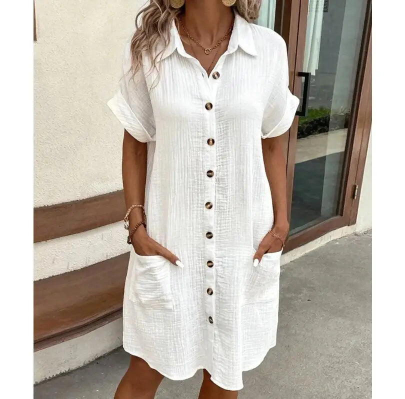 Vestido camisero de manga corta para mujer-lino/algodón-botones y bolsillos.