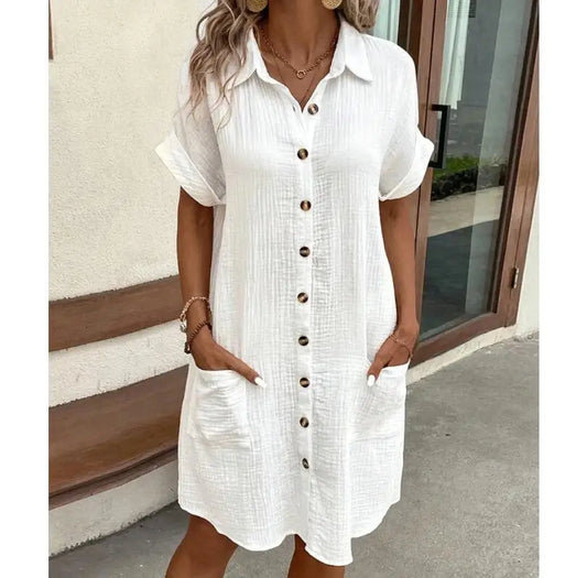Vestido camisero de manga corta para mujer-lino/algodón-botones y bolsillos.