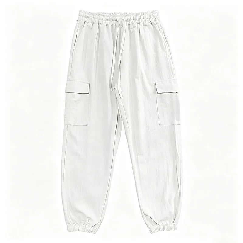 Pantalón Jogger cargo de algodón y lino con cintura elástica y múltiples bolsillos.