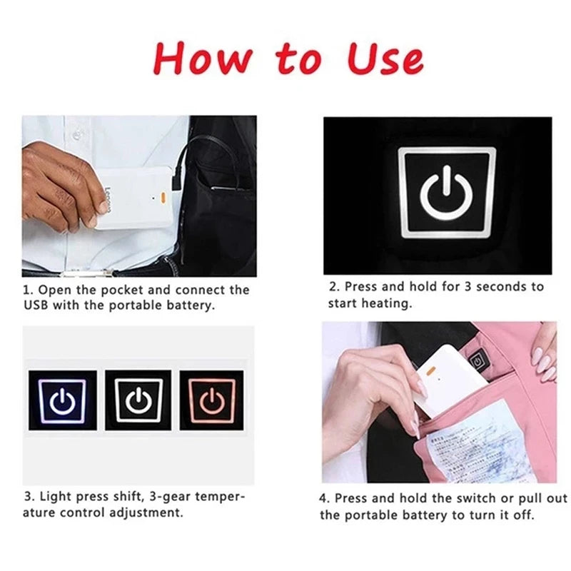 Chaleco calefactable USB con 9 zonas de calor, doble interruptor.